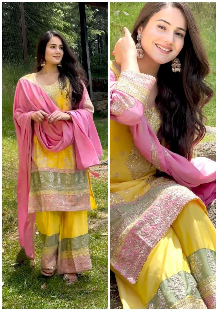 Elegant Haldi Dress for Women | Wedding Suits | Party Suits for Women |Chinon Silk & Sequins